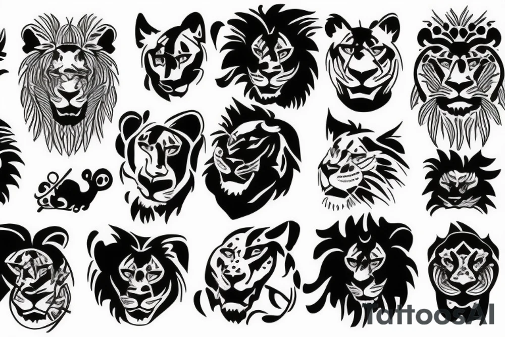 Black lions with Sun and lily tattoo idea