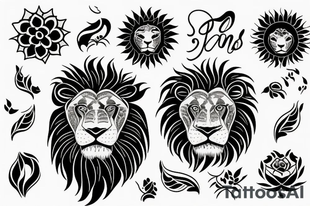 Black lions with Sun and lily tattoo idea