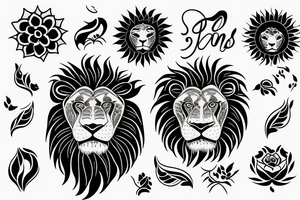 Black lions with Sun and lily tattoo idea