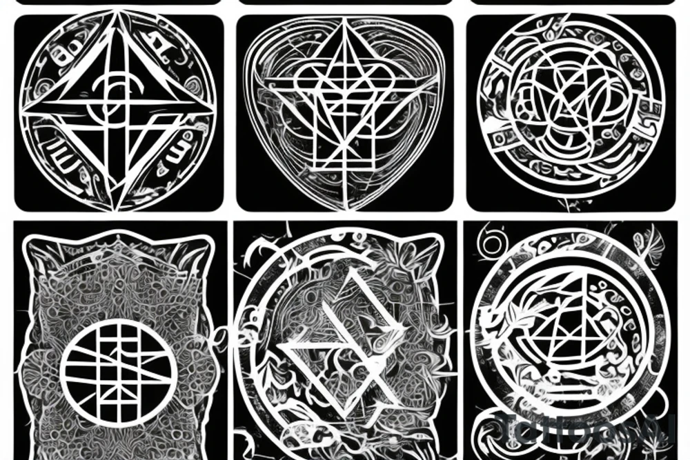 Minimal, geometric, mystical, esoterism, alchemy, numbers, letters, lines, tattoo idea