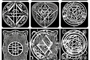 Minimal, geometric, mystical, esoterism, alchemy, numbers, letters, lines, tattoo idea