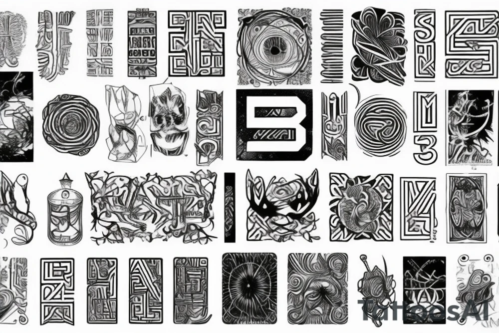 Minimal, geometric, mystical, esoterism, alchemy, numbers, letters, lines, tattoo idea