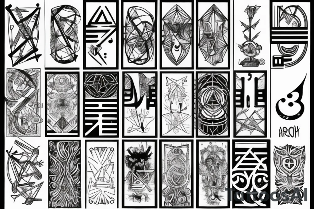 Minimal, geometric, mystical, esoterism, alchemy, numbers, letters, lines, tattoo idea