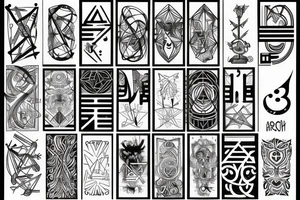 Minimal, geometric, mystical, esoterism, alchemy, numbers, letters, lines, tattoo idea