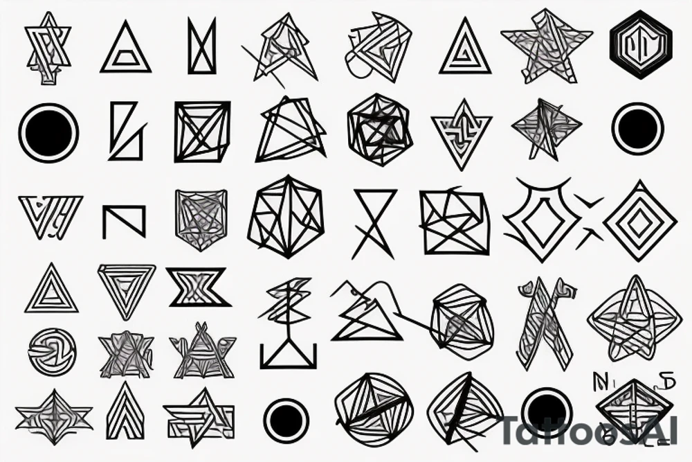 Minimal, geometric, mystical, esoterism, alchemy, numbers, letters, lines, tattoo idea