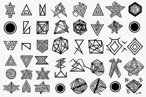 Minimal, geometric, mystical, esoterism, alchemy, numbers, letters, lines, tattoo idea