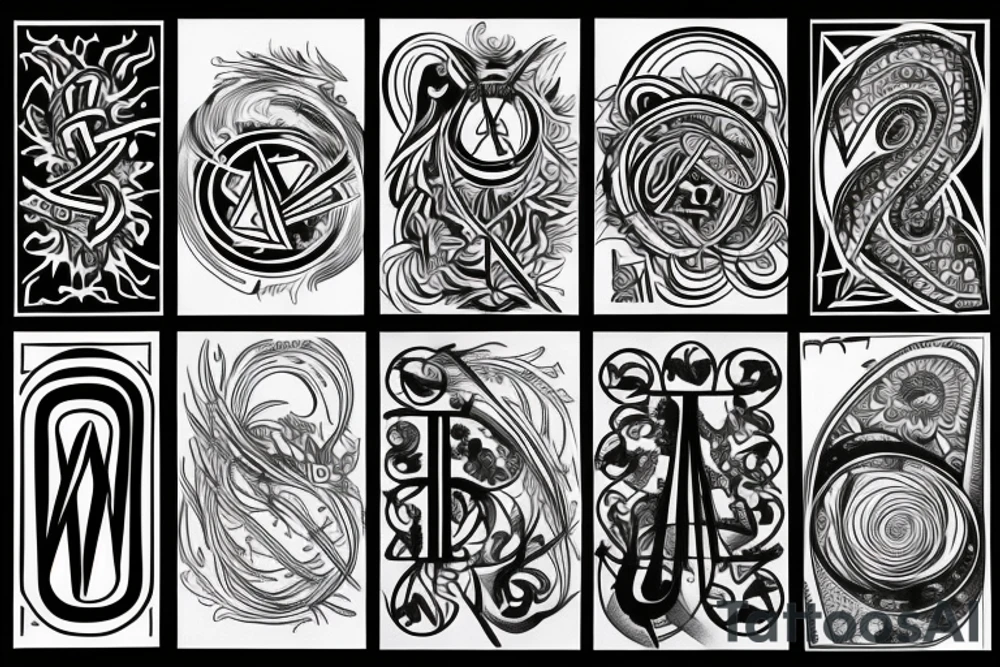 Minimal, geometric, mystical, esoterism, alchemy, numbers, letters, lines, tattoo idea