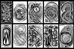 Minimal, geometric, mystical, esoterism, alchemy, numbers, letters, lines, tattoo idea