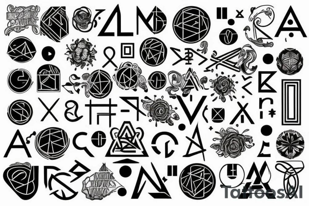 Minimal, geometric, mystical, esoterism, alchemy, numbers, letters, lines, tattoo idea