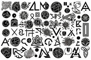 Minimal, geometric, mystical, esoterism, alchemy, numbers, letters, lines, tattoo idea