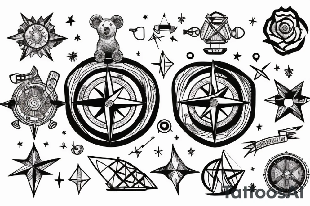 a compass in the shape of a bear above a sailboat tattoo idea