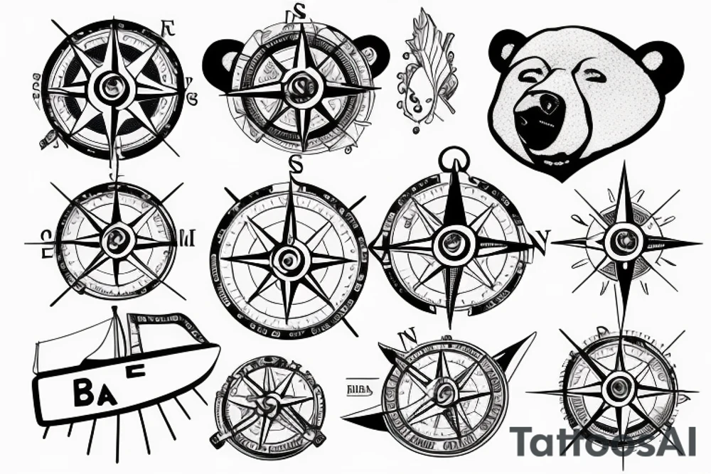 a compass in the shape of a bear above a sailboat tattoo idea
