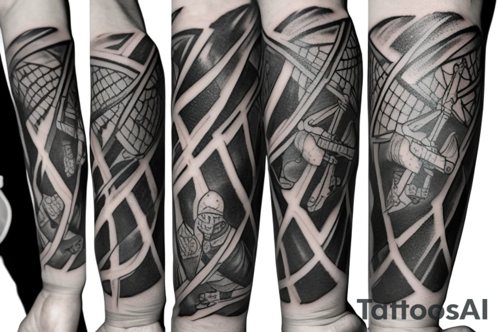 A tattoo on the forearm with thin black lines of Brinno holding a sword in the air tattoo idea