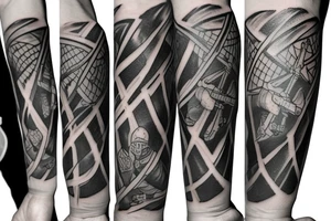 A tattoo on the forearm with thin black lines of Brinno holding a sword in the air tattoo idea