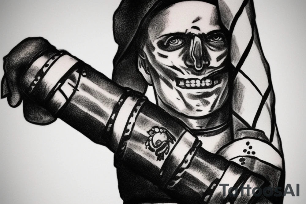 Forearm a Germanic soldier holding a sword and a flag of Rotterdam, ready for battle, small lines tattoo idea