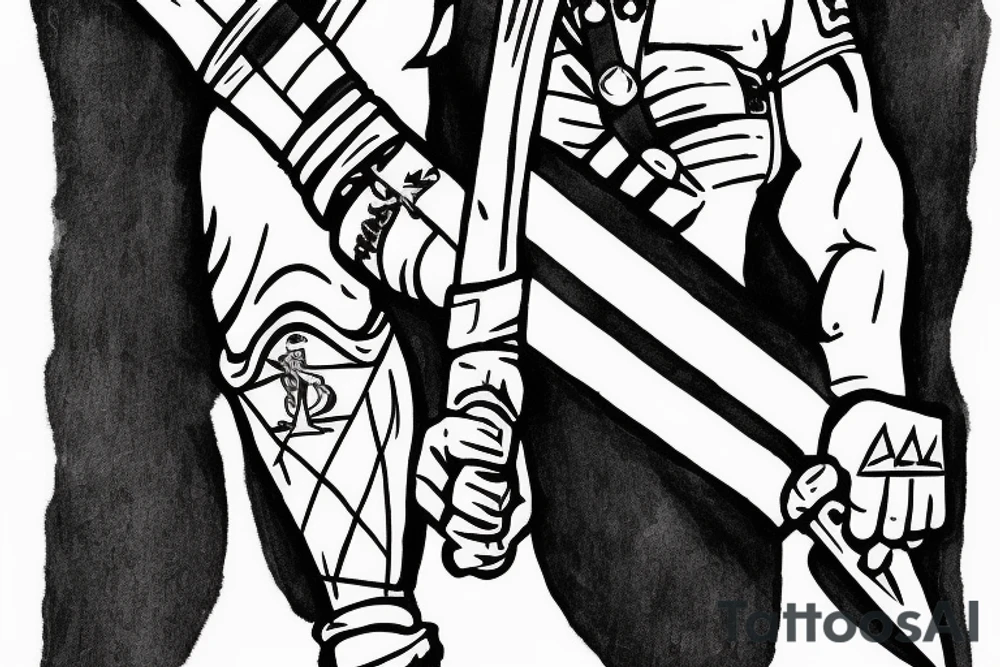 Forearm a Germanic soldier holding a sword and a flag of Rotterdam, ready for battle, small lines tattoo idea