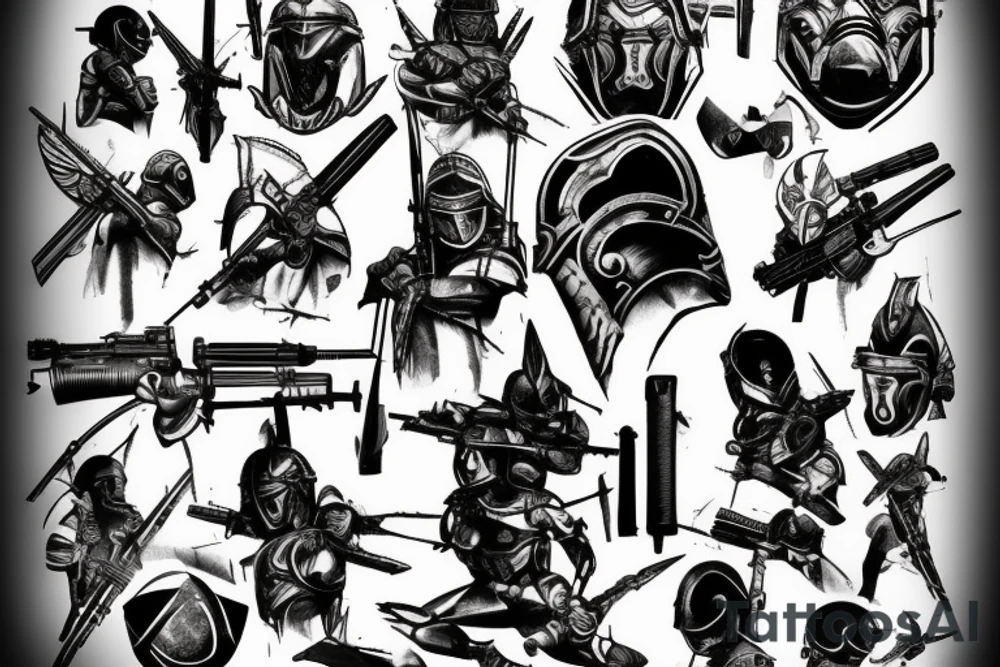 Spartan battle field with modern gun tattoo idea