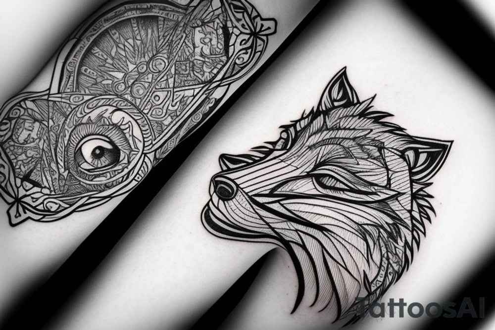 FINE LINE, INK STYLE, MICRO REALISM, WOLF, EYE, GEOMETRIC, SACRED SYMBOL tattoo idea