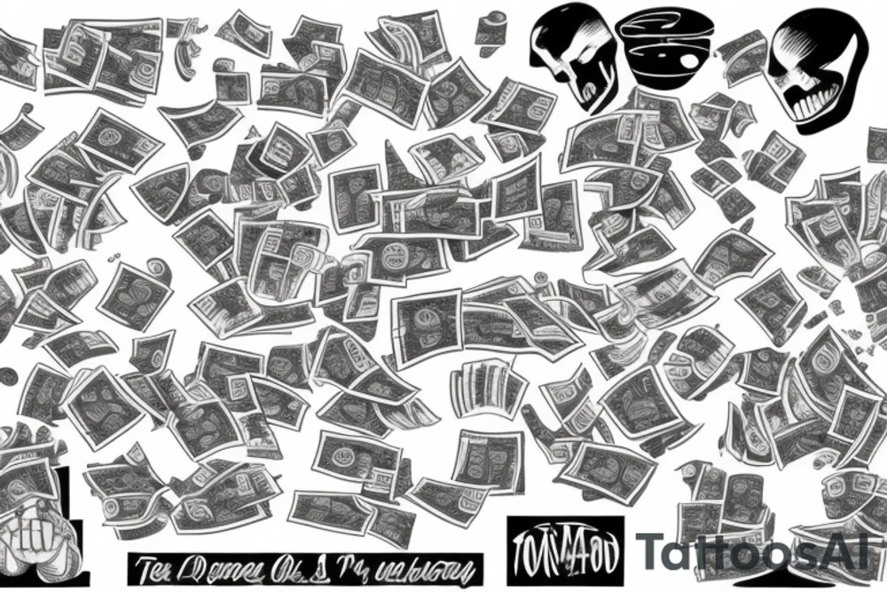 A man teared apart inside a tornado of money tattoo idea