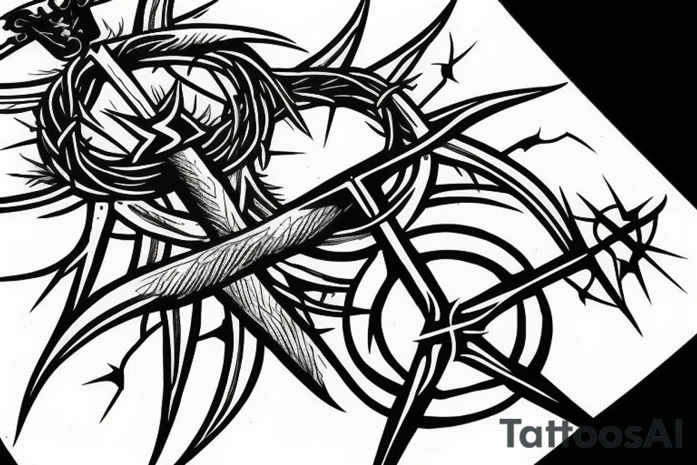 3 swords with a crown of thorns around where the swords meet tattoo idea