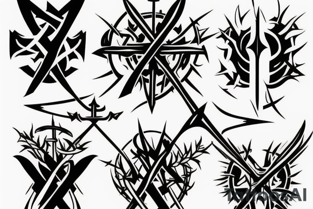 3 swords with a crown of thorns around where the swords meet tattoo idea