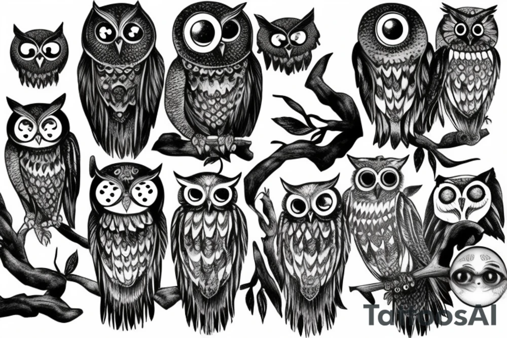 Owls with a wicked look and moon tattoo idea