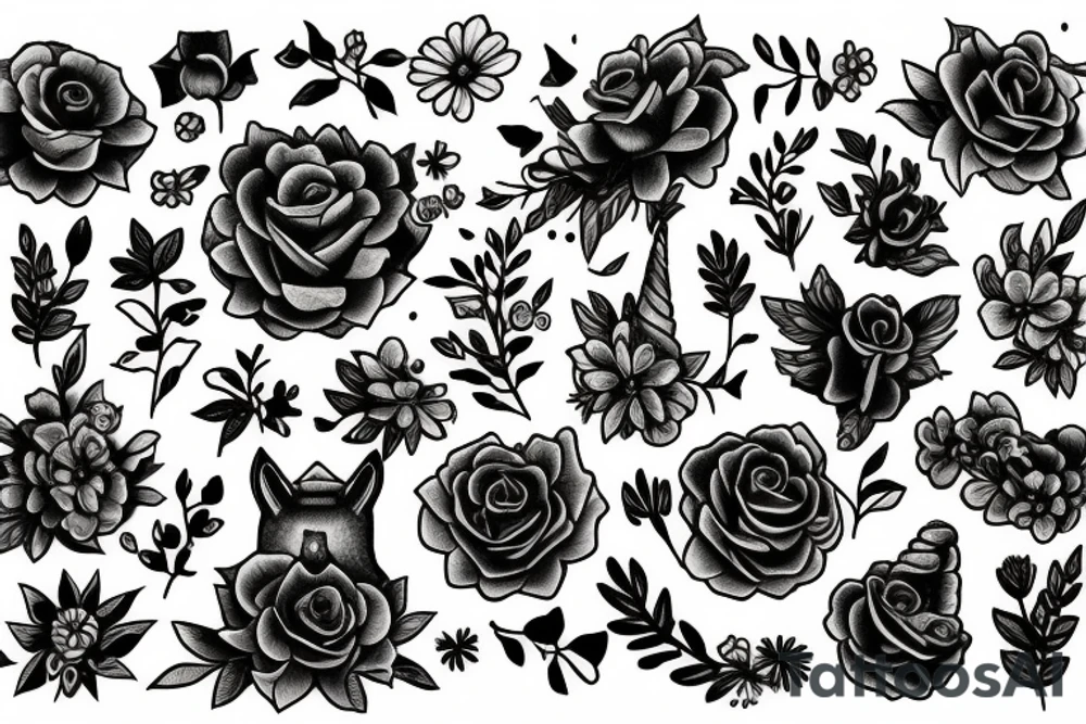 the word caroline with unicorns and flowers tattoo idea