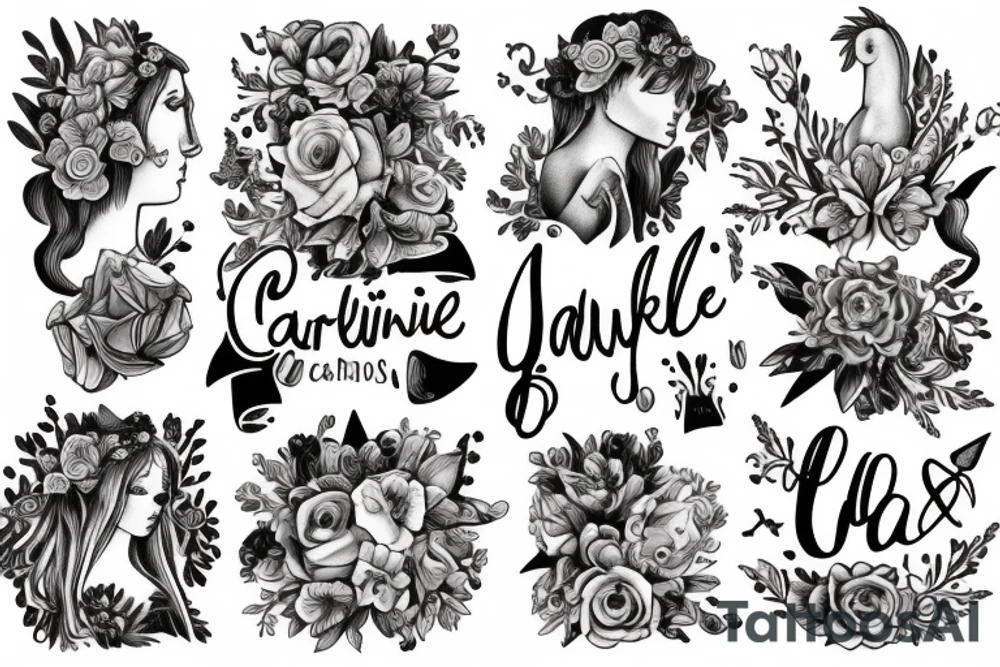 the word caroline with unicorns and flowers tattoo idea