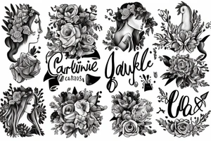 the word caroline with unicorns and flowers tattoo idea