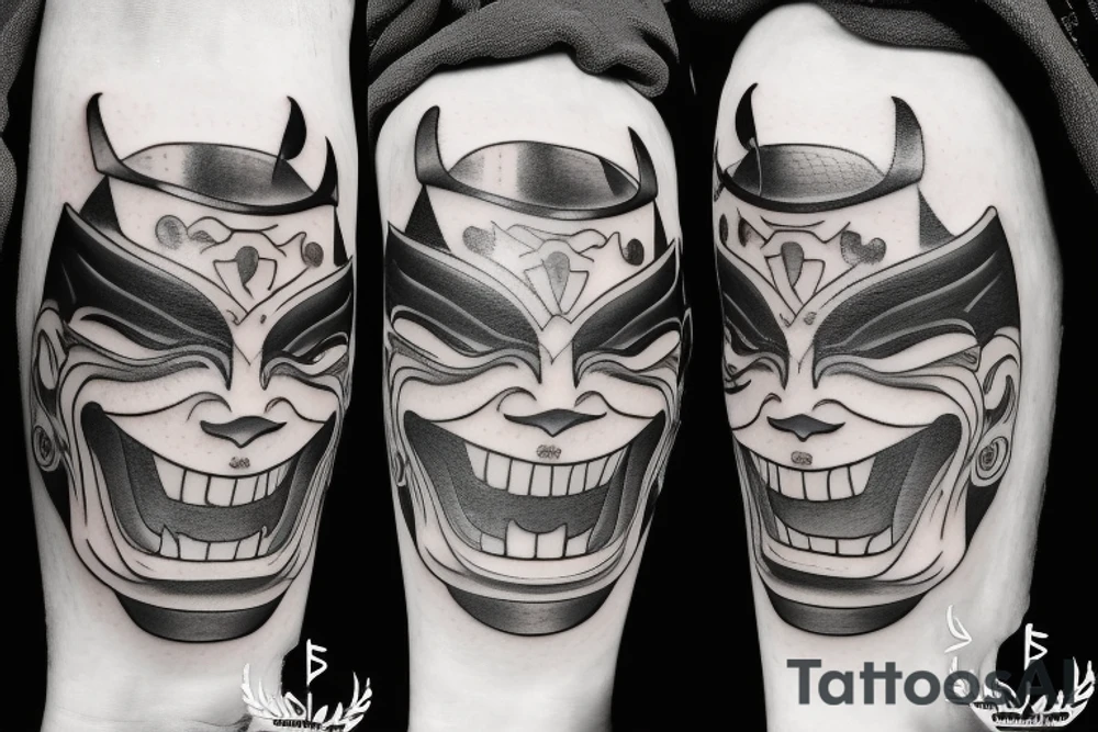 two samurai mask one laughing one crying with a blade going through them tattoo idea