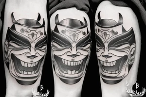two samurai mask one laughing one crying with a blade going through them tattoo idea