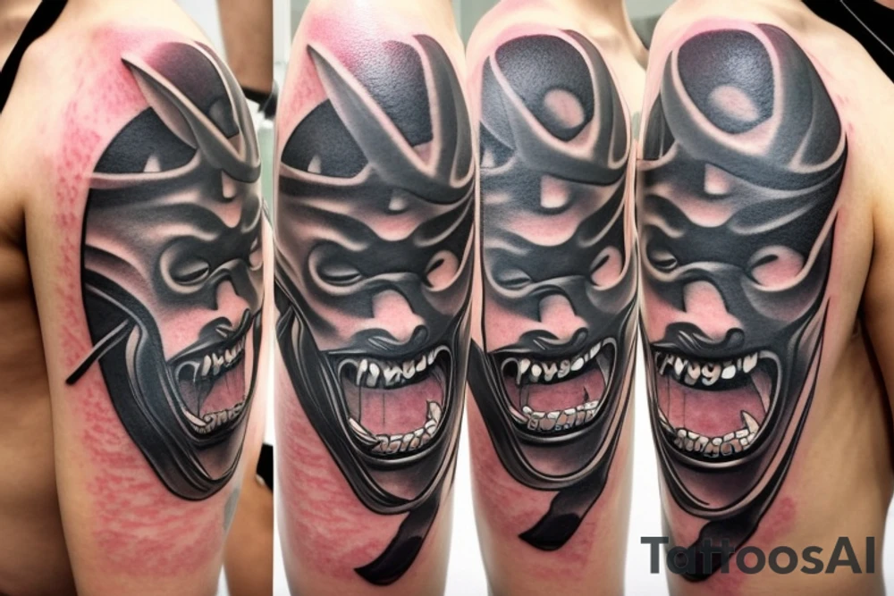 two samurai mask one laughing one crying with a blade going through them tattoo idea