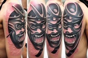 two samurai mask one laughing one crying with a blade going through them tattoo idea