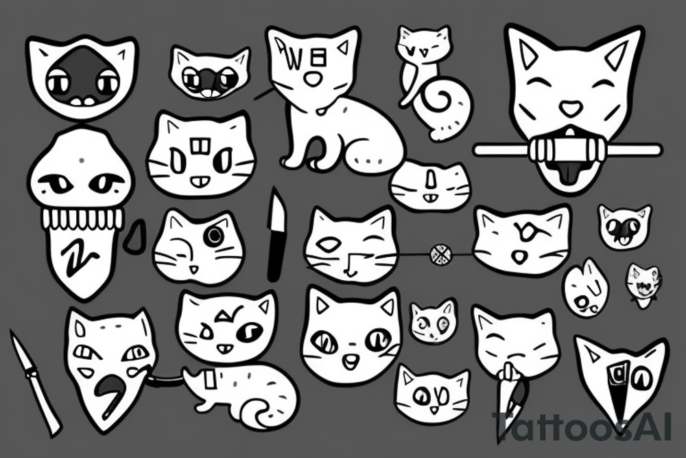 cat with knife in mouth tattoo idea