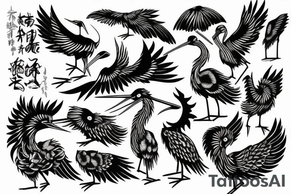 full sleave illustration of stork with black work tattoo idea