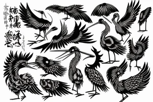 full sleave illustration of stork with black work tattoo idea