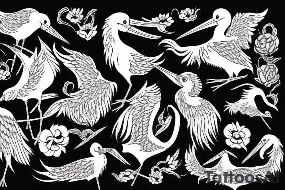 full sleave illustration of stork with black work tattoo idea