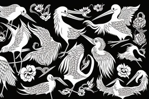 full sleave illustration of stork with black work tattoo idea
