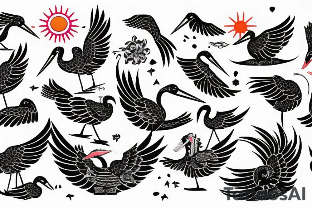 full sleave illustration of stork with sun tattoo idea