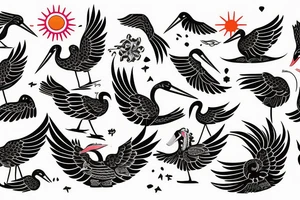 full sleave illustration of stork with sun tattoo idea