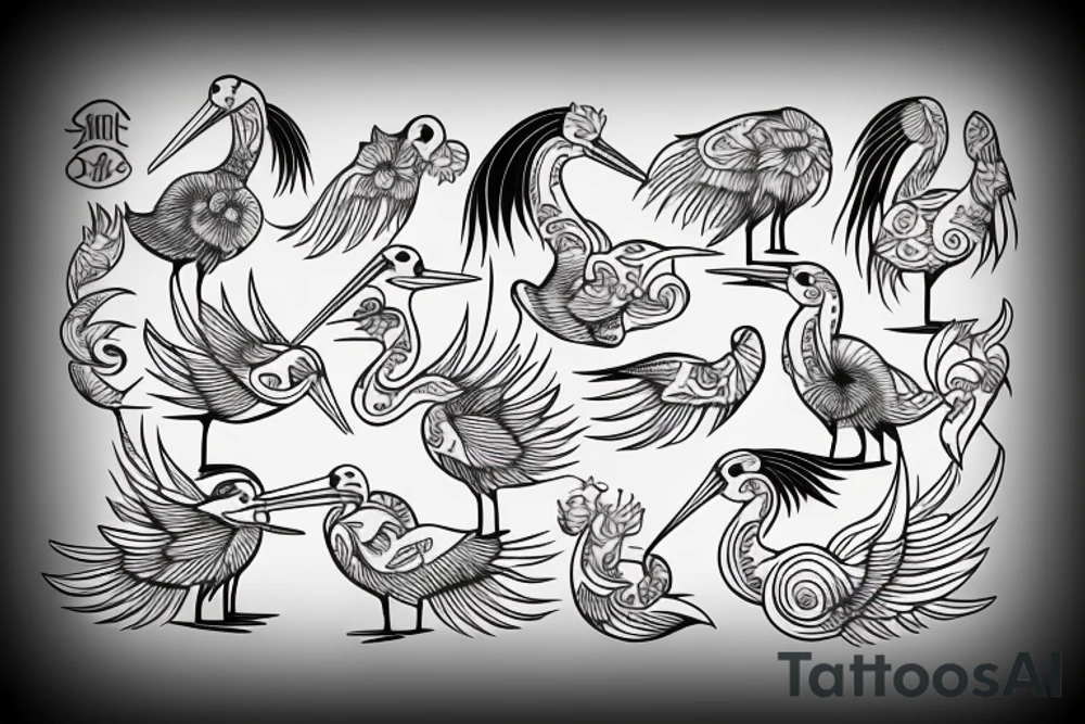 full sleave illustration of stork with sun tattoo idea