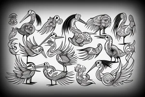 full sleave illustration of stork with sun tattoo idea