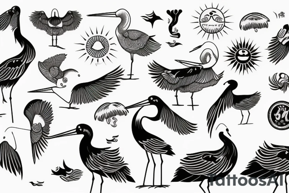 full sleave illustration of stork with sun on background tattoo idea
