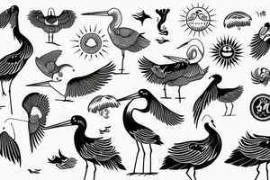 full sleave illustration of stork with sun on background tattoo idea