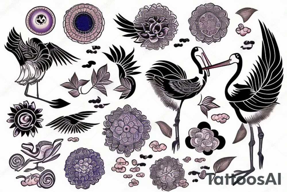 full sleave illustration of stork with sun on background tattoo idea