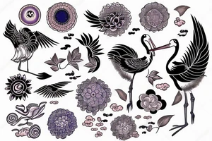 full sleave illustration of stork with sun on background tattoo idea