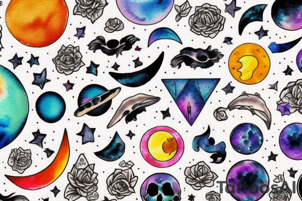 Quiero un tatuaje de un sol y una luna combinado  a colores galácticos tattoo idea