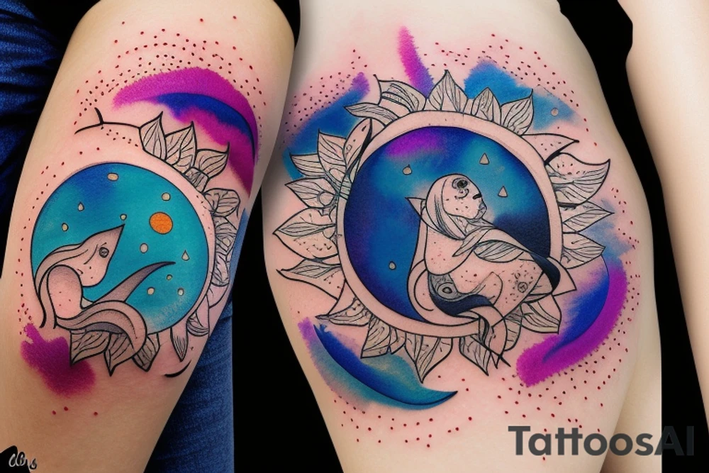 Quiero un tatuaje de un sol y una luna combinado  a colores galácticos tattoo idea