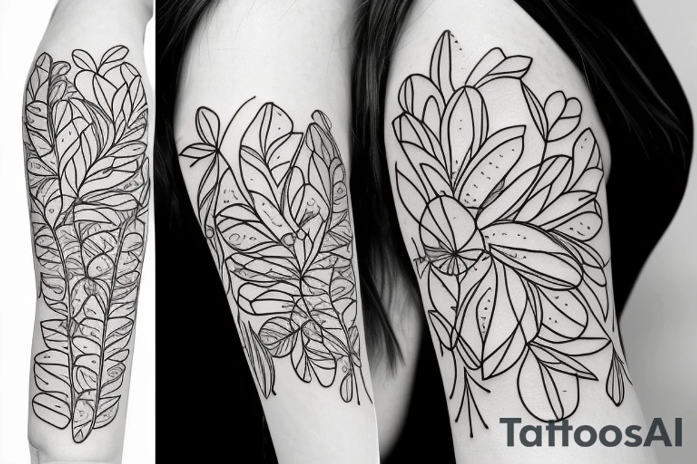 Thin lined flower with tiny leaves that wraps around the upper arm tattoo idea