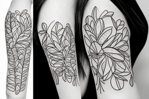 Thin lined flower with tiny leaves that wraps around the upper arm tattoo idea
